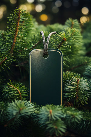 Blank price tag on christmas tree. Christmas and New Year background.の素材