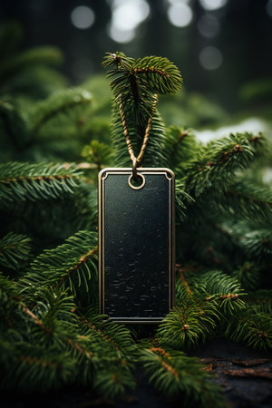 Blank gift tag hanging on spruce twig. Christmas decoration.の素材