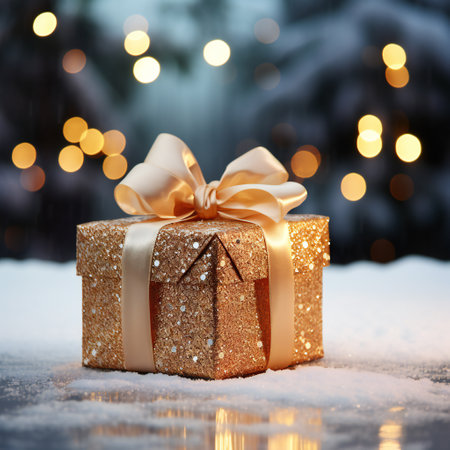 Golden gift box with bow on snow and bokeh lights backgroundの素材