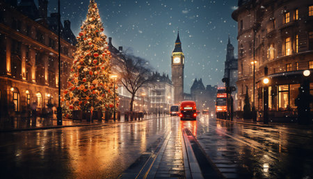 London, UK. Christmas and New Year holidays concept. Christmas tree on the streets of London.の素材