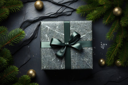Christmas gift box with green bow and fir tree branches on black backgroundの素材