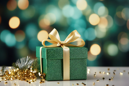Green gift box with golden bow on bokeh background. Christmas and New Year concept.の素材
