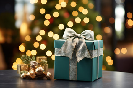 Beautiful gift box on table in front of defocused Christmas lightsの素材