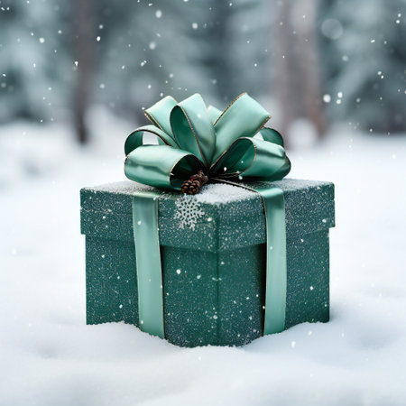 Green gift box with bow on snow background. Winter holiday concept.の素材