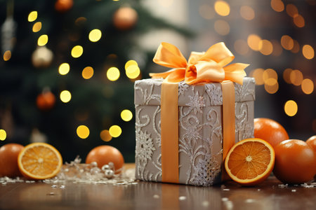 Gift box with bow and oranges on table against blurred festive lightsの素材