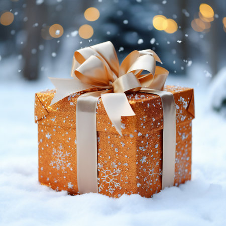 Gift box with golden bow on snow and bokeh backgroundの素材