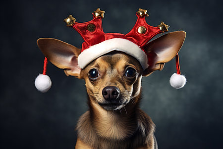 Cute chihuahua dog wearing red christmas hat on dark backgroundの素材