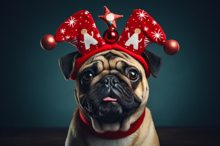 Cute pug dog wearing christmas hat on dark background.の素材