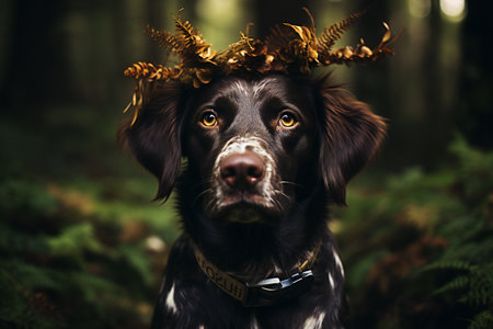 Cute dog wearing a wreath on his head in the forestの素材