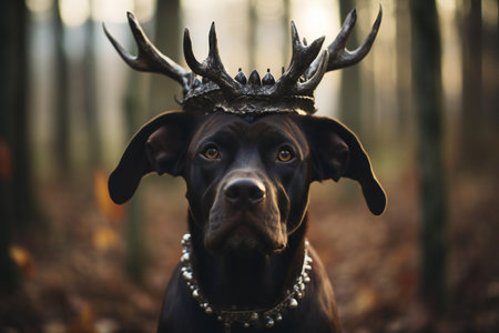 Portrait of a black dog with big antlers in the forestの素材