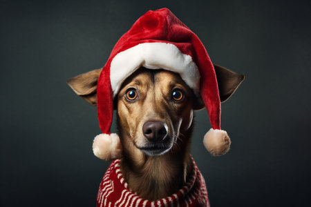 christmas dog wearing santa claus hat on dark grey backgroundの素材