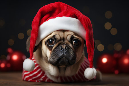 Cute pug dog in santa hat on wooden table, on dark backgroundの素材