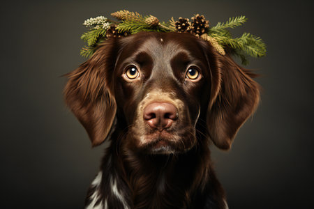 Cute dog with christmas wreath on head. Studio shot.の素材