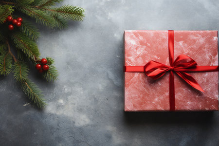 Christmas gift box with red ribbon and fir tree branch on stone backgroundの素材