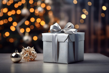 Christmas gift box with golden christmas ball on bokeh backgroundの素材