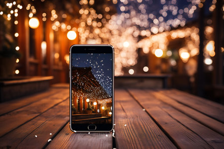 Smartphone on a wooden table in a cafe on the background of Christmas lightsの素材
