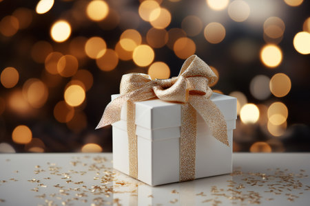 Gift box with golden bow on bokeh background, closeupの素材