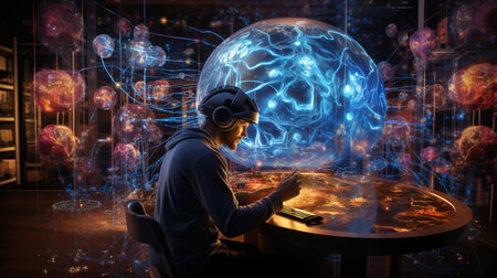 Young man playing online games with a tablet and headphones. Mixed mediaの素材