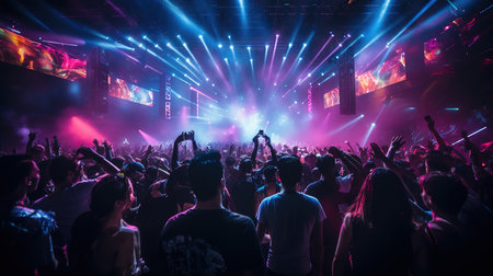 crowd in front of a concert stage with bright rays of lightの素材