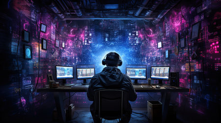 Cyber security and data protection concept with man wearing virtual reality gogglesの素材