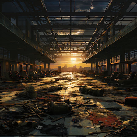 3D rendering of an industrial building in an old factory at sunsetの素材