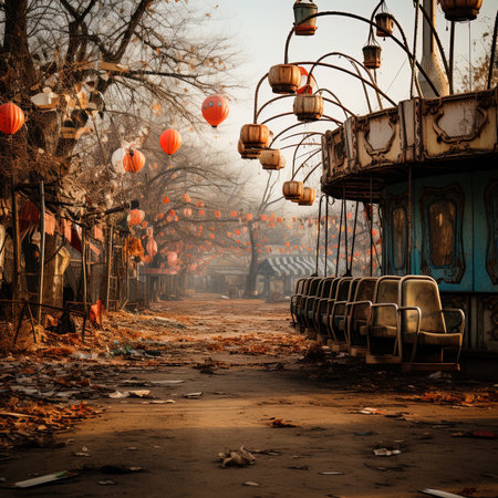 Abandoned amusement park in the foggy morning with lanternsの素材