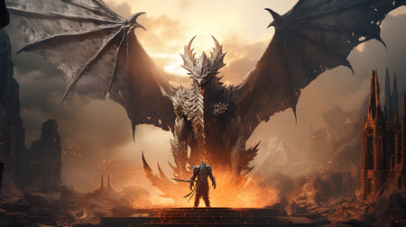 Fantasy scene with fantasy warrior and dragon. 3D illustration.の素材