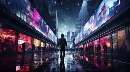 Silhouette of a man in the city at night. 3d renderingの素材
