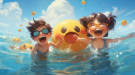 Children swimming in the sea with inflatable yellow ball. Happy family concept.の素材