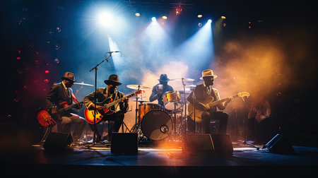 Band performing live on stage with lights and smoke. Concert, concert, show.の素材