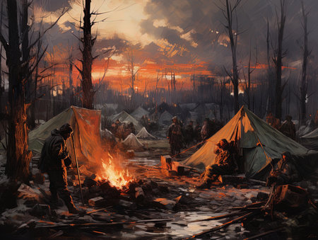 Camping in the forest at sunset. Oil painting on canvas.の素材