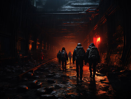 A group of people walking in a dark corridor. 3D renderingの素材