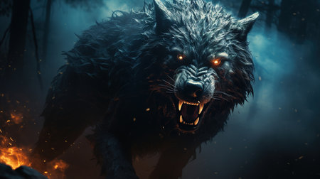 3d illustration of a black wolf in the forest with fire and smokeの素材