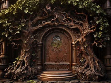 3D rendering of a fantasy entrance with a tree and a doorの素材