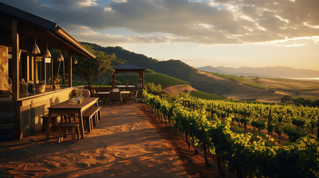 Vineyard at sunset in Tuscany, Italy. Tuscany is famous for its wine production.の素材
