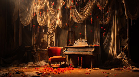 Old piano in a dark room with red armchair and falling petalsの素材