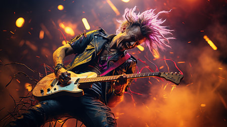 Young punk rock musician playing on electric guitar in smoke and fire.の素材