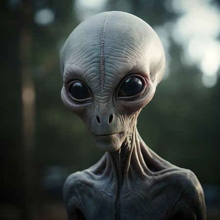 3d rendering of an alien creature staring at the camera in a dark forestの素材