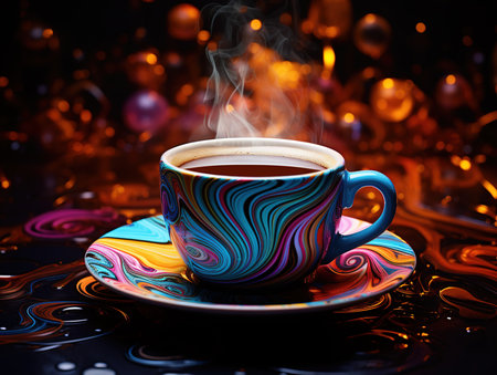 Cup of coffee on a dark background with a lot of candlesの素材