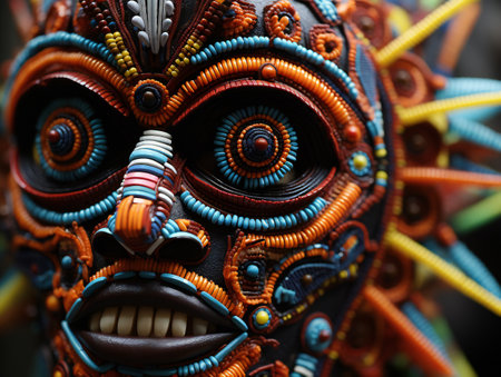 Close up of a colorful mask made of wood and metal, Thailand.の素材