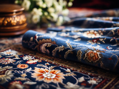 Traditional oriental carpet with embroidery on the table. Selective focus.の素材