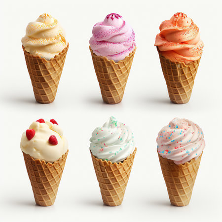 Set of ice creams in waffle cones isolated on white backgroundの素材
