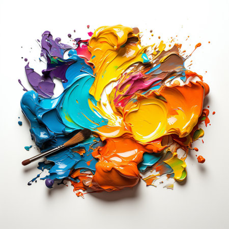 Colorful paint splashes and brushes on white background, top viewの素材