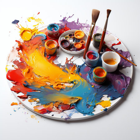 Paintbrushes and palette with colorful splashes on white backgroundの素材