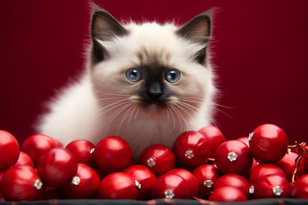 Siamese kitten with christmas balls on red background, closeupの素材
