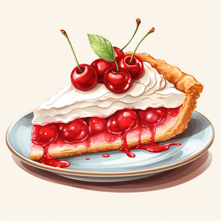 Vector illustration of cherry pie with whipped cream and fresh cherries.の素材