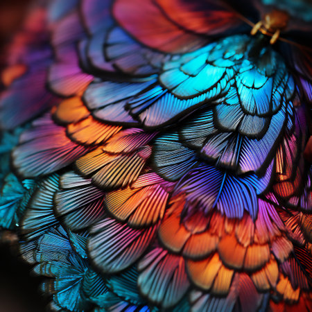 Beautiful multicolored bird feathers as background, close-upの素材