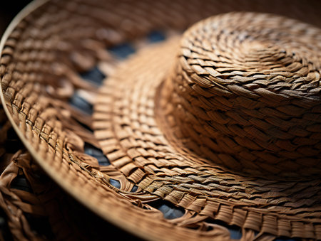 Straw hat for sale in the market, close-up.の素材