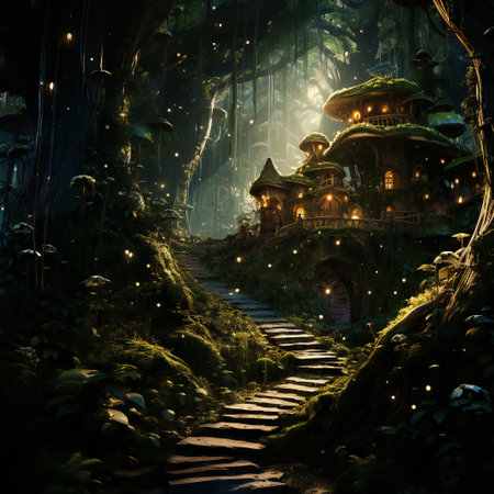 Mystical fantasy landscape. Fairytale scene with mysterious temple in the forestの素材