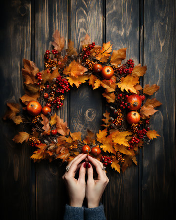 Female hands holding autumn wreath with pumpkins and leaves on wooden backgroundの素材